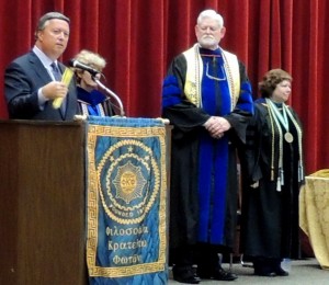 JU President Tim Cost welcomes inductees and family and friends to the Phi Kappa Phi ceremony April 10.
